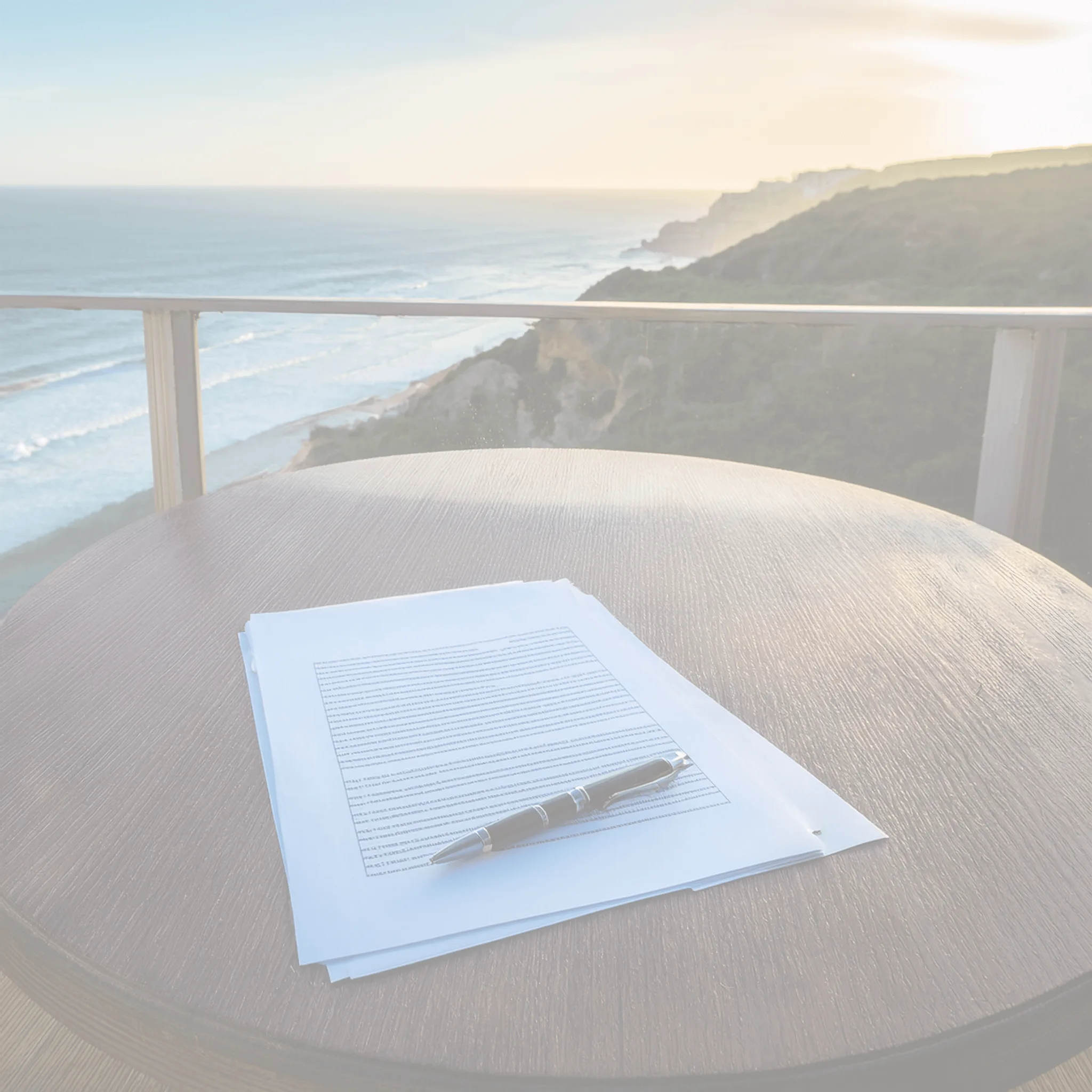 Desk with printed documents and three pens; ocean and coastal cliffs beyond the window.