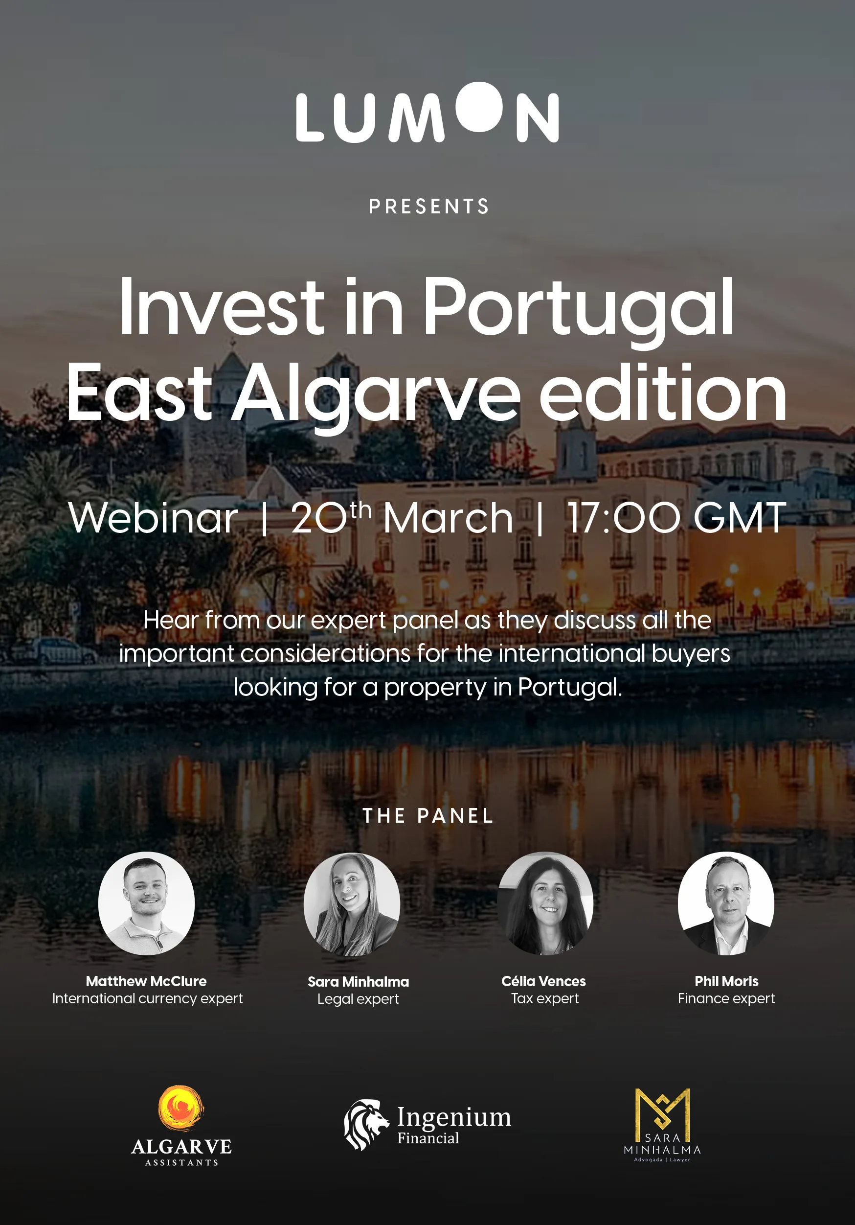 Webinar poster: "Invest in Portugal, East Algarve edition", with panelists and sponsor logos.