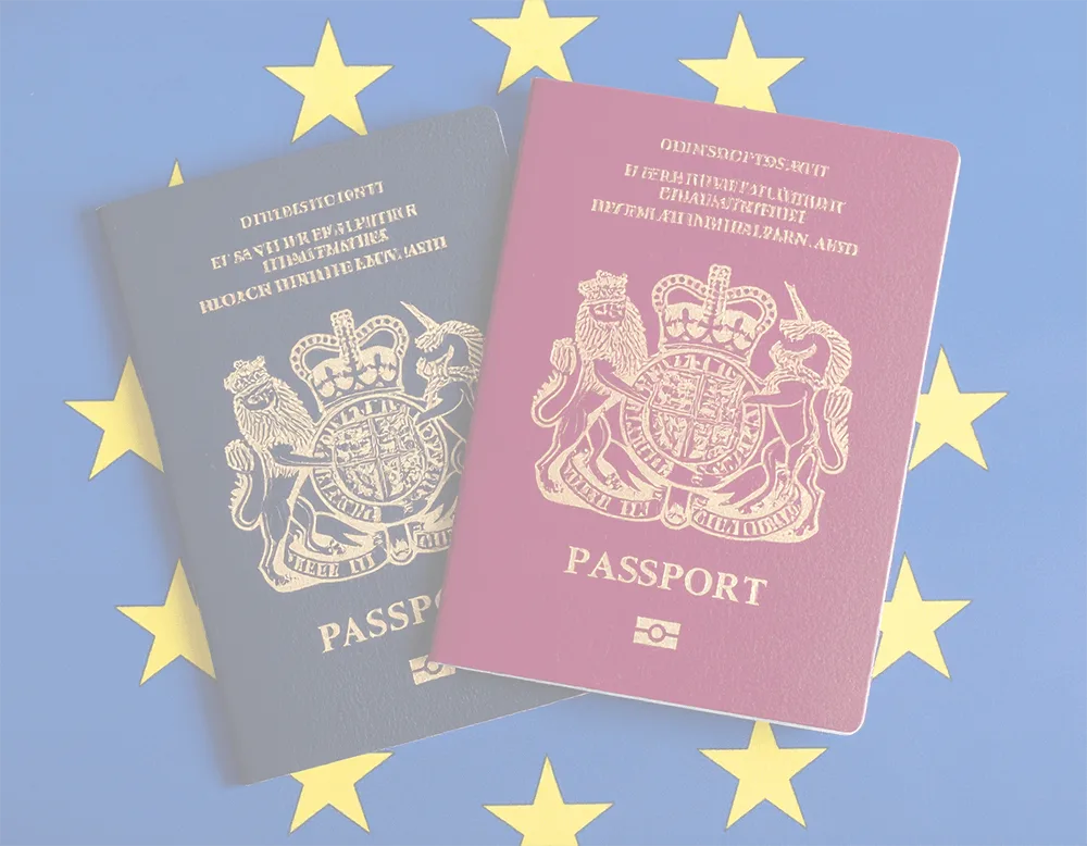 Two passports, pink and blue-gray, overlapping on an EU flag background.