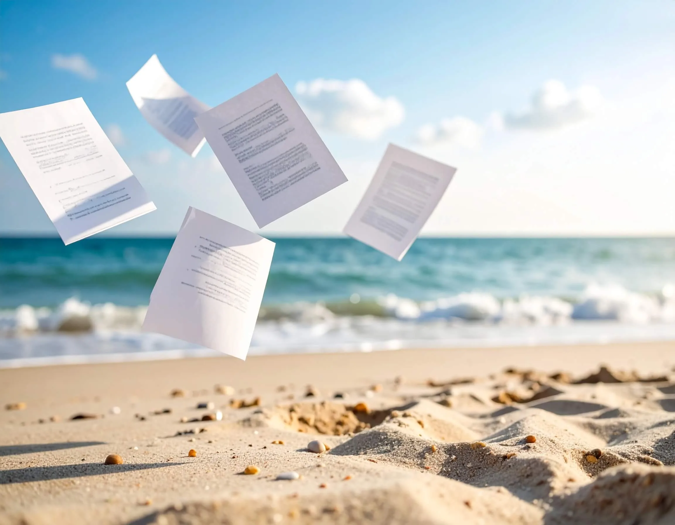 White sheets of paper fluttering over a sandy beach with the blue ocean and sky in the background.