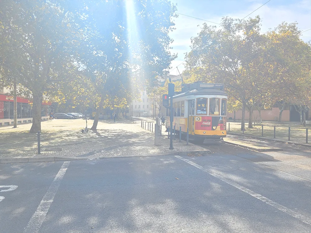 Tram on tracks in a sunny urban plaza with trees and pedestrians nearby.